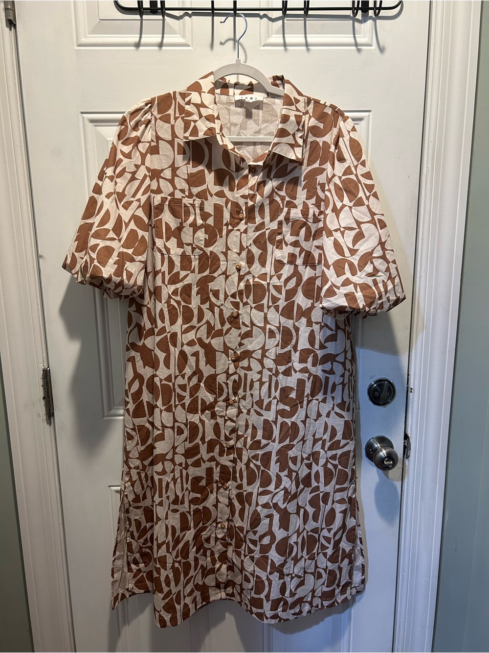 THML Brown and White Geometric Midi Shirt Dress